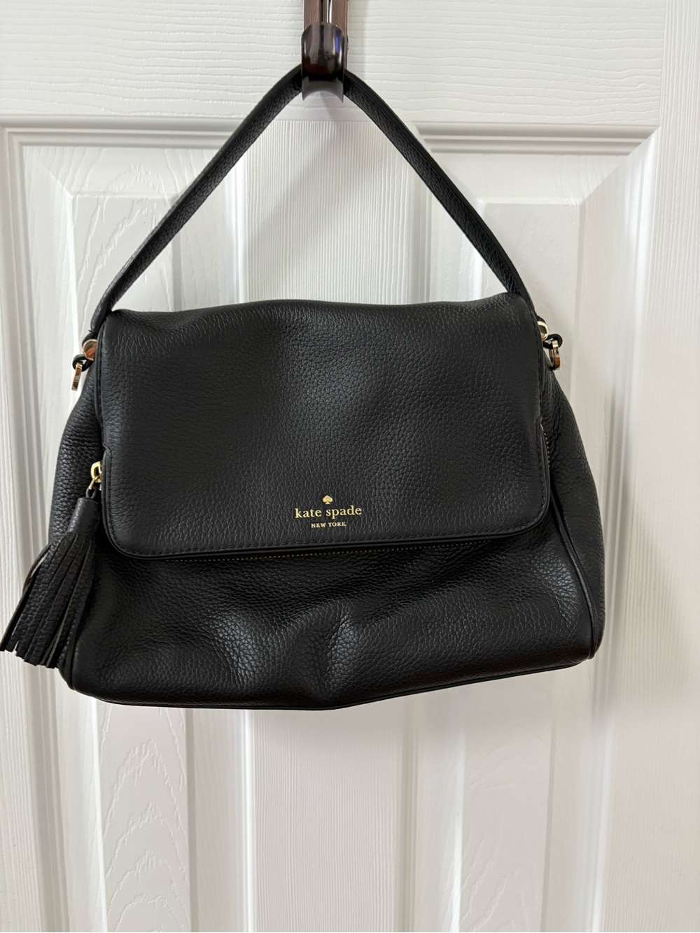 kate spade Black Pebbled Leather Shoulder Bag with Tassel